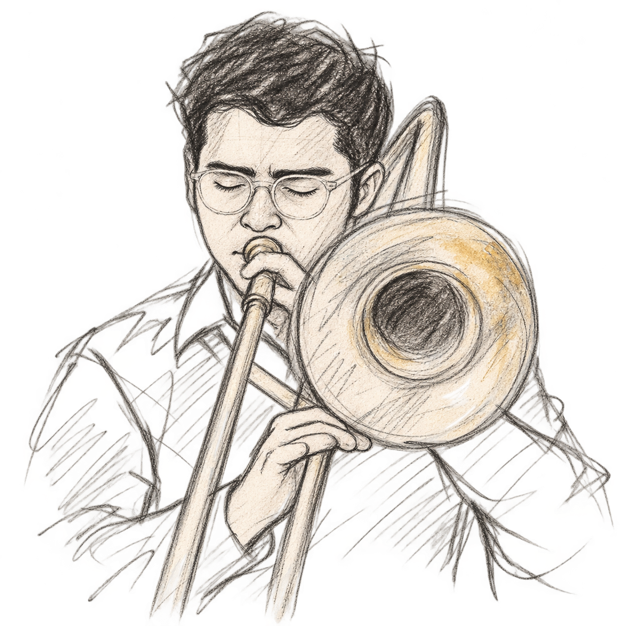 Boceto de Francisco tocando el trombón, con trazos sueltos e inacabados de carboncillo.